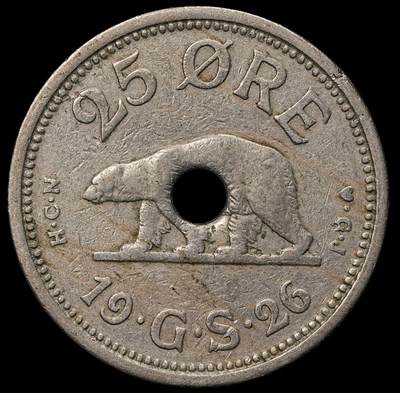 修遠堂世界钱币第104期 - 1926年格陵兰中孔25欧尔  1940/41年在纽约打孔，以避免与同尺寸1克朗硬币混淆，仅打孔6万枚