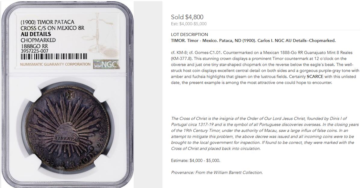 博洋堂“心向春光”2月精品大拍专场暨第160期（全场包邮） NGC AU 葡属东帝汶加盖墨西哥1895年MO厂鹰洋8R，非常罕见，鹰洋加盖的进阶品种，远比菲律宾加盖要少，底板梦幻彩包浆，加盖的基督十字戳记深峻清晰，评级为UNC STRONG。基督十字为十四世纪成立的葡萄牙基督骑士徽章，葡萄牙海外殖民的象征。由于大量假币流入殖民地，当地政府被迫通过在所有流通钱币上加盖基督十字戳记，以打击假币泛滥。此戳记仅出现于墨西哥“Cap & Rays”8 Reales上
