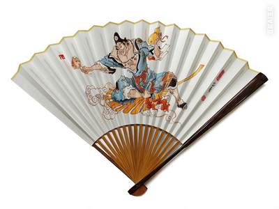 白泽拍卖卡牌手绘专场第32期（愿得长如此 年年物侯新） - 2026 陈岱青手绘折扇 九五寸棕骨大扇 活佛济颠 配扇盒 扇箍  陈岱青亲签 背书悲智双运