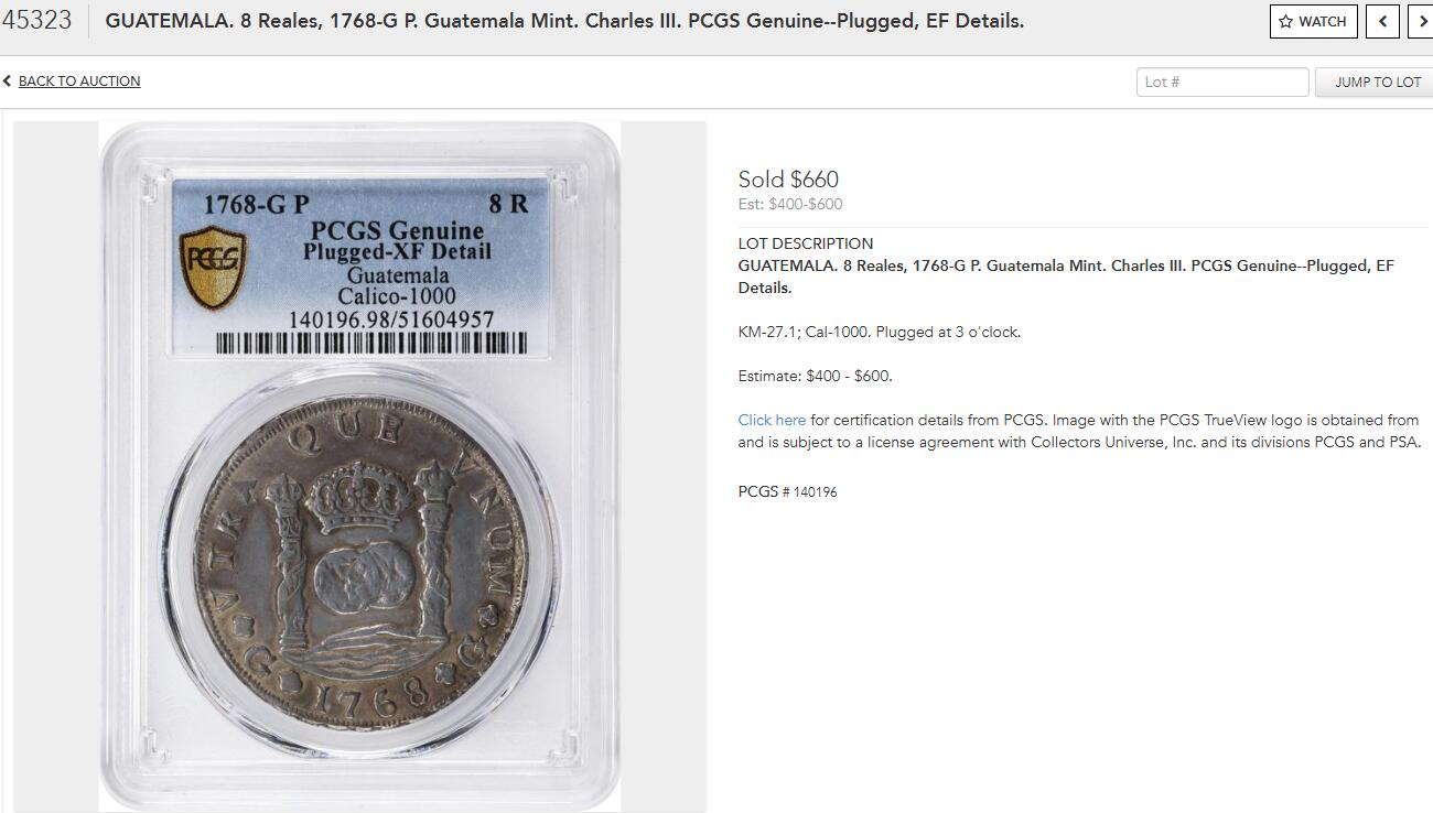 博洋堂“心向春光”2月精品大拍专场暨第160期（全场包邮） NGC AU 西属危地马拉1768年G P卡洛斯三世地球双柱8R，远比墨西哥、秘鲁地球稀少，AU品相更为罕见，醇熟包浆深打漂亮，名家旧藏，去年sbp一枚XF的打洞修补的都拍了660美金