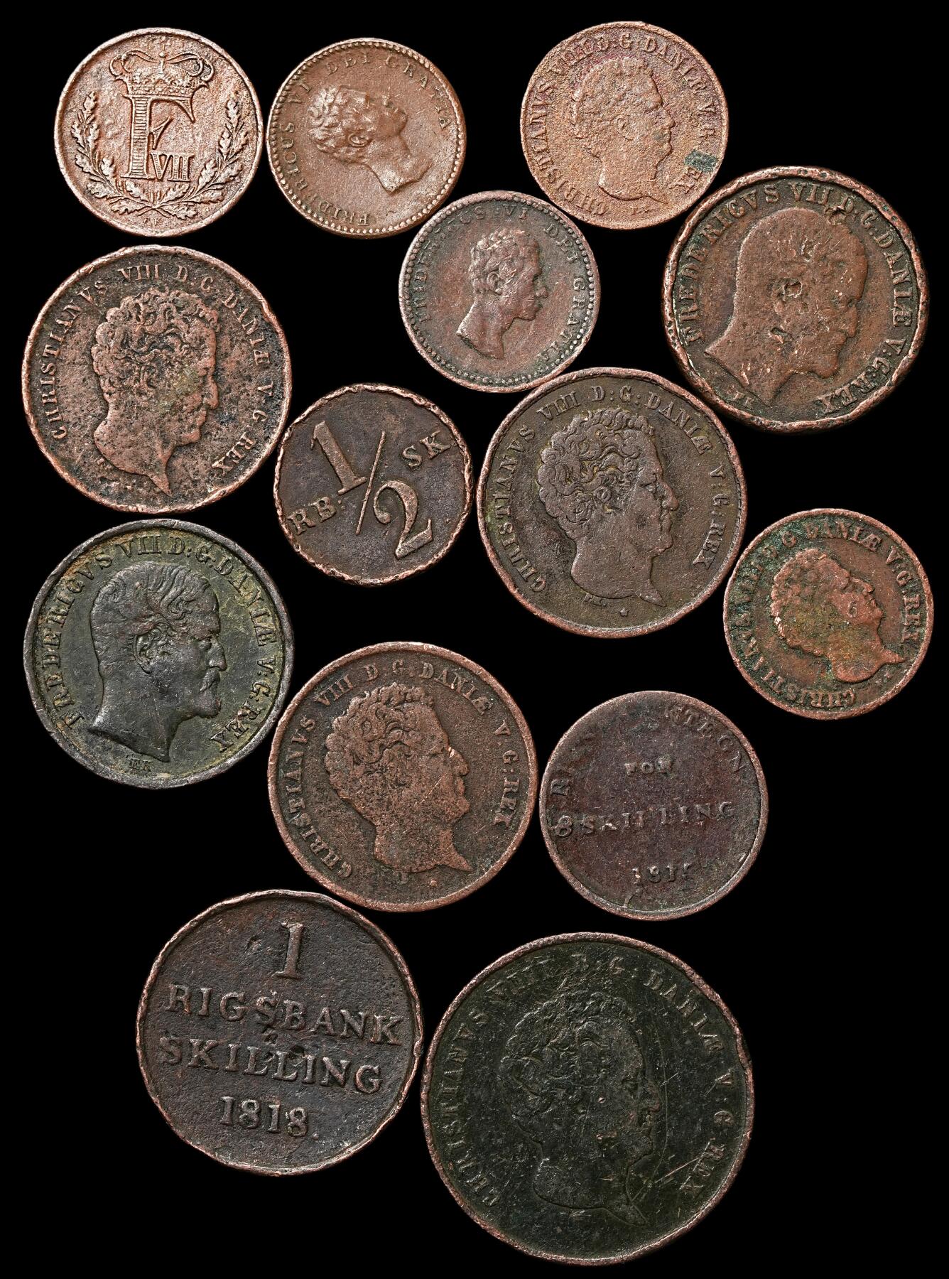 修遠堂世界钱币第104期 丹麦旧铜币一组，品差