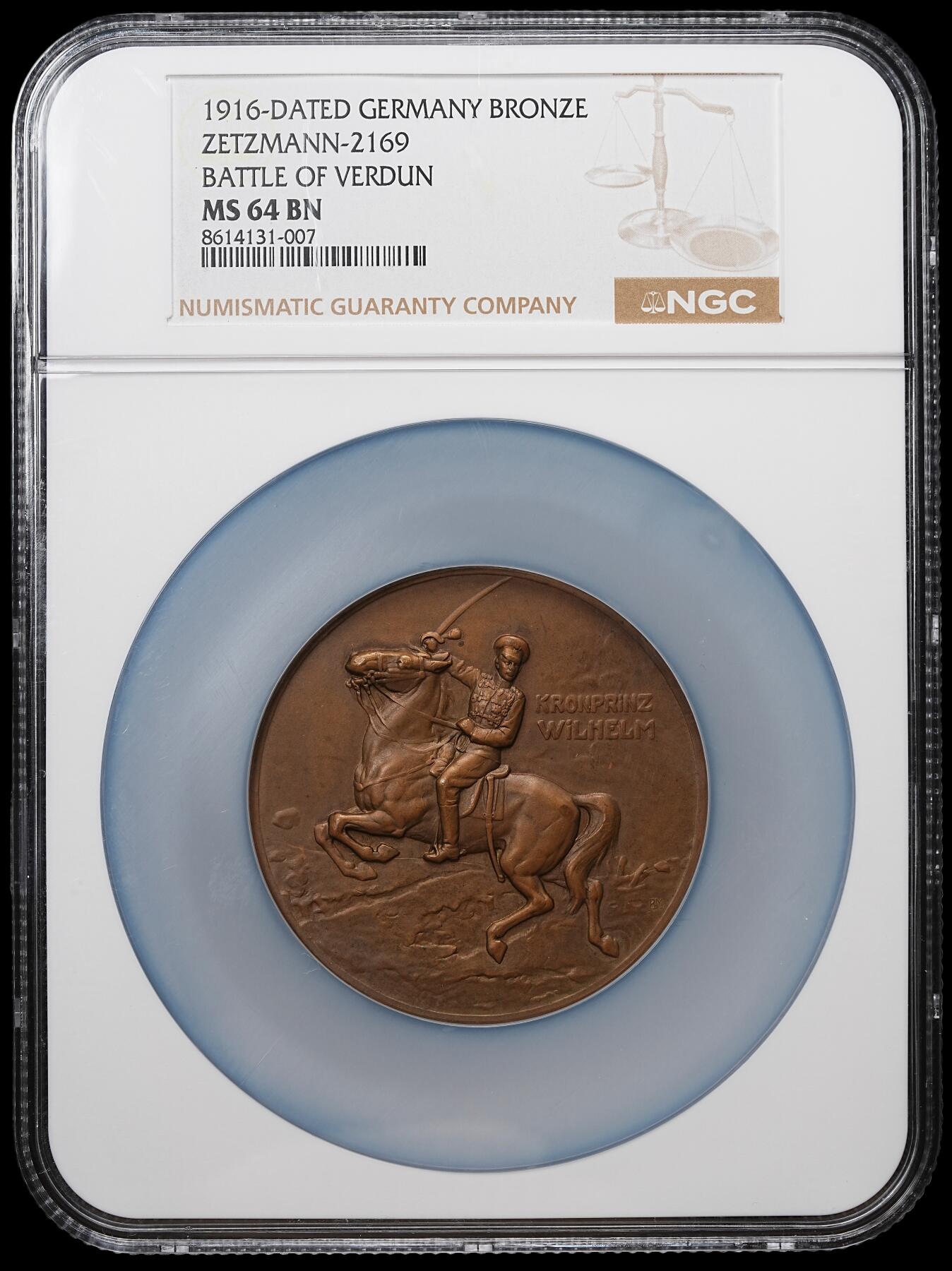 修遠堂世界钱币第104期 NGC MS64BN 1916年德国发行的凡尔登战役纪念大铜章，60.5 mm，92.11 g