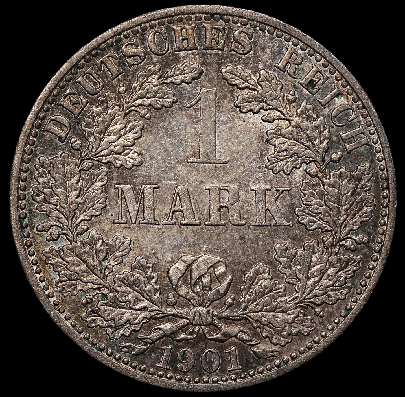 修遠堂世界钱币第104期 1901年德国1马克银币 A厂铭，未流通，5.55g，含银90%