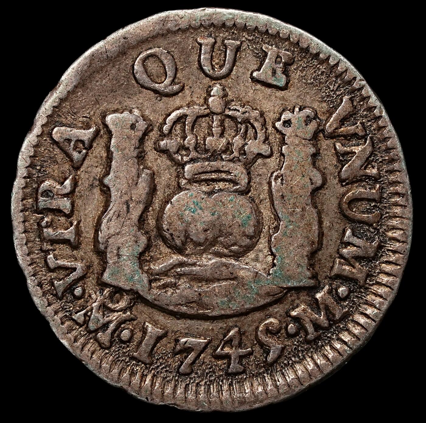 修遠堂世界钱币第104期 1745年墨西哥地球双柱1/2R MO M银币，1.66g