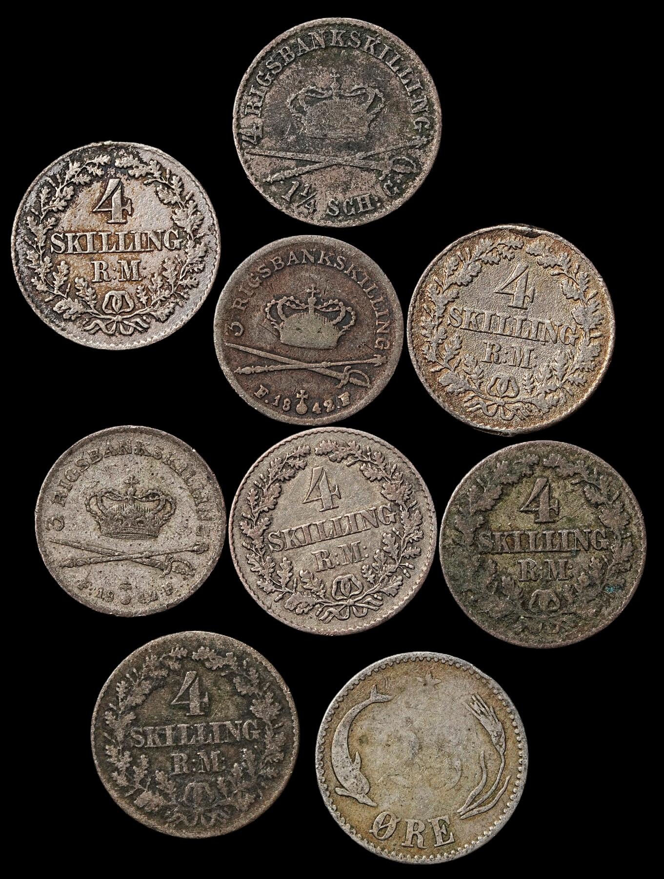 修遠堂世界钱币第104期 丹麦旧银币一组，部分有焊点，含银量不一，总重15.69g