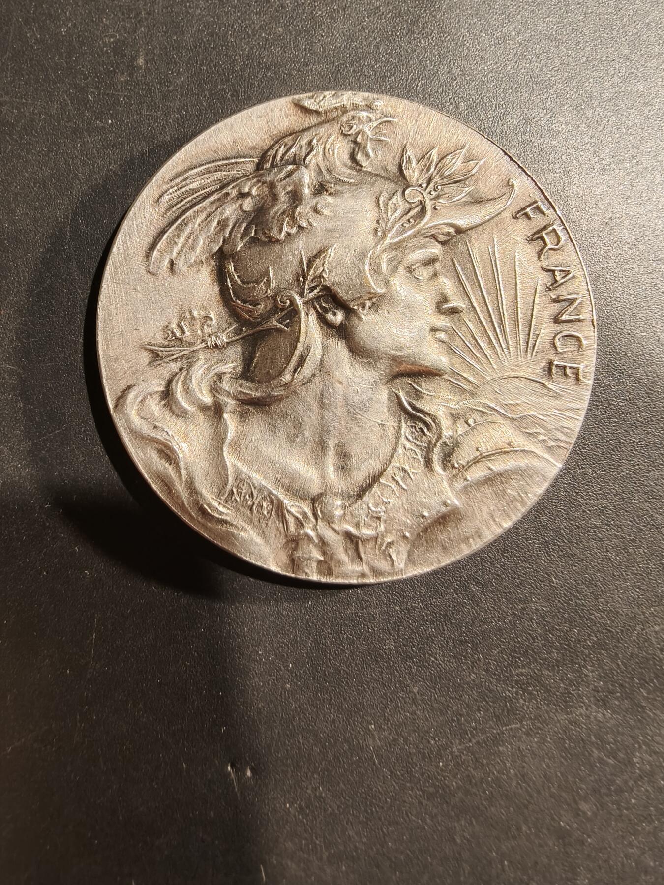 老王徽章第181期 法国忠诚工作镀银大铜章     公鸡头玛丽安娜      原盒     直径41mm    重量29.6g