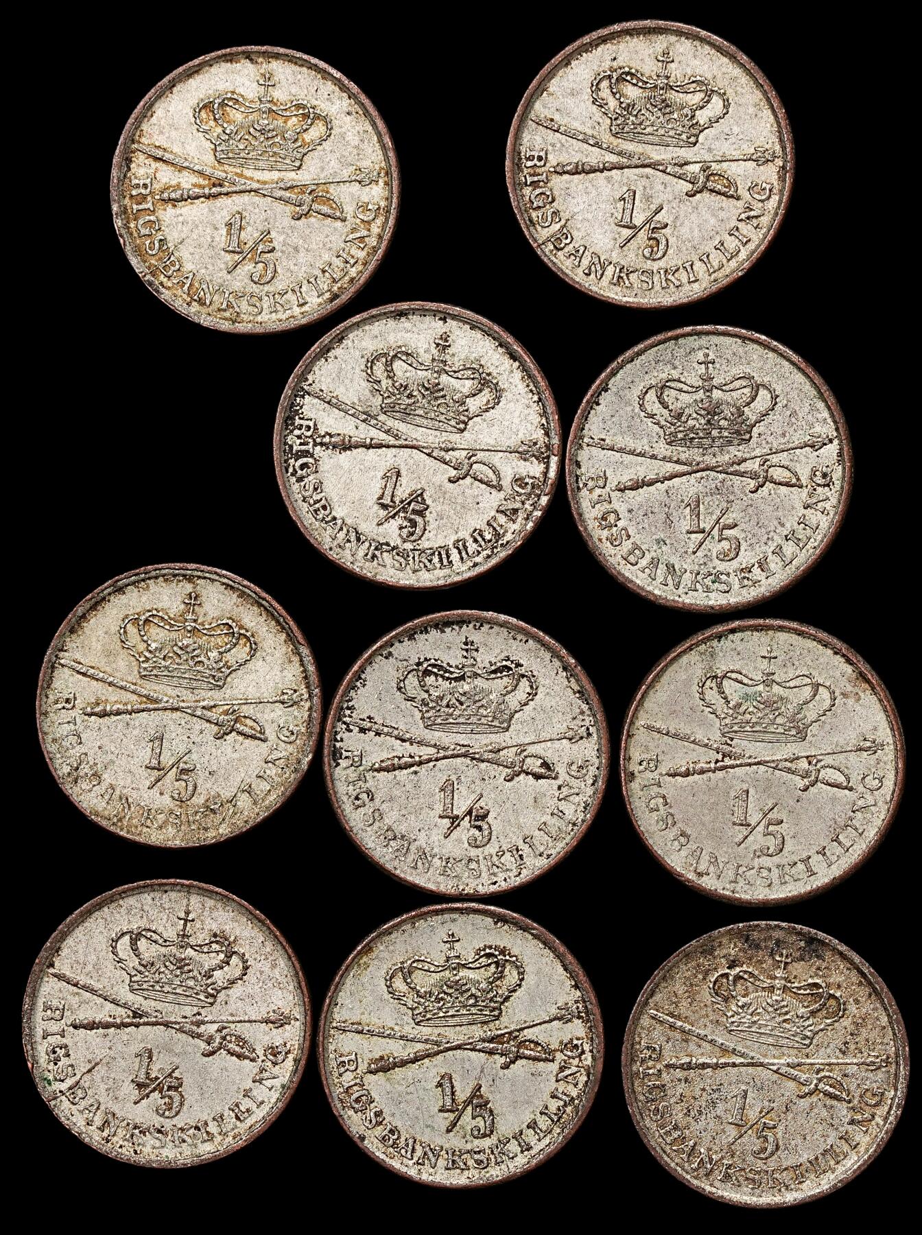 修遠堂世界钱币第104期 1842年丹麦1/5 rigsbankskilling铜币一组，完全未流通，老镀银