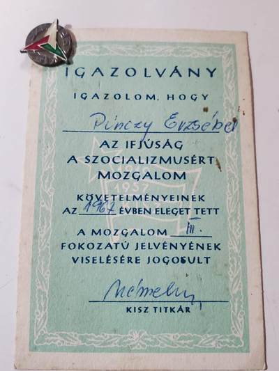韵星假日军品类拍卖第40期 -- Rimey Holidays Militaria Auction 40 - 匈牙利人民共和国Pinczy Erzsebet社会主义工人党青年团青年运动优秀成员证章带证书一套 该版本章证都少见 好品 铜珐琅