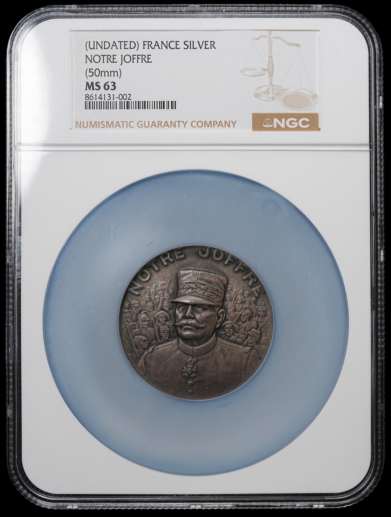 修遠堂世界钱币第104期 NGC MS63 一战法国元帅约瑟夫・霞飞（Joseph Joffre）大银章，50 mm，47.82g，瑞士著名的纪念章与奖章制作师H. Huguenin（亨利・于格南）雕刻制版