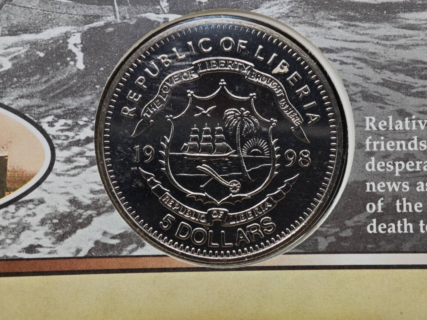  【淘币小摊】限时拍第八百七十拍   克朗币邮币封场    年前最后一场结束全部发出请更换最新收货地址不方便收货的请勿参拍或者顺丰到付 利比里亚1998年5套泰坦尼克号纪念币邮币封