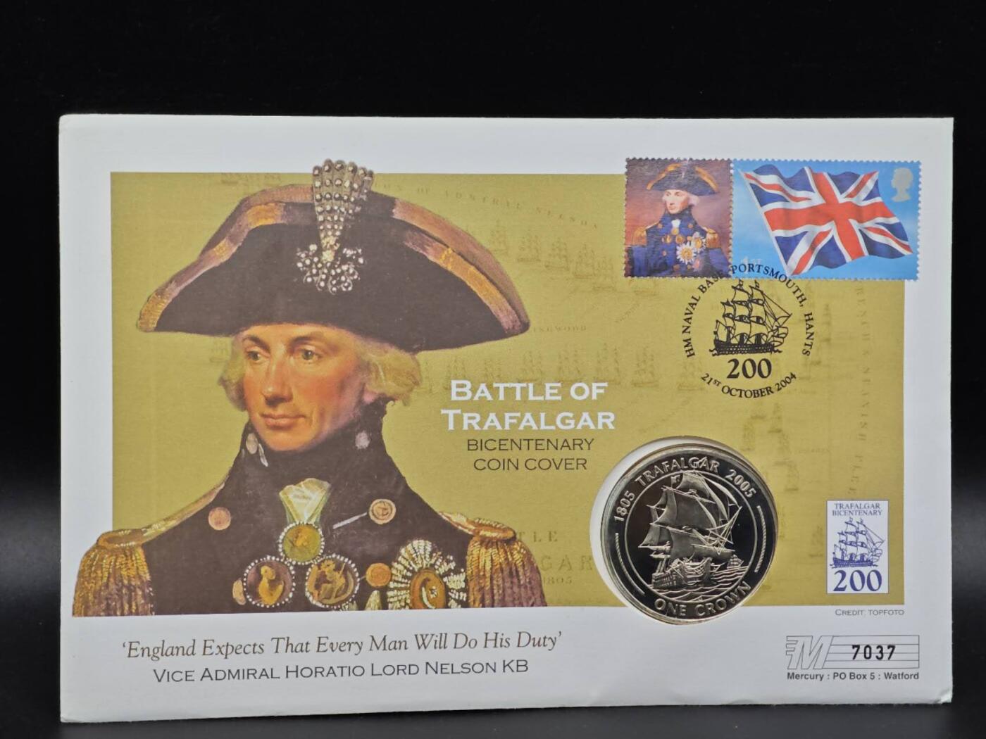  【淘币小摊】限时拍第八百七十拍   克朗币邮币封场    年前最后一场结束全部发出请更换最新收货地址不方便收货的请勿参拍或者顺丰到付 直布罗陀2005年特拉法加海战200周年克朗纪念币邮币封