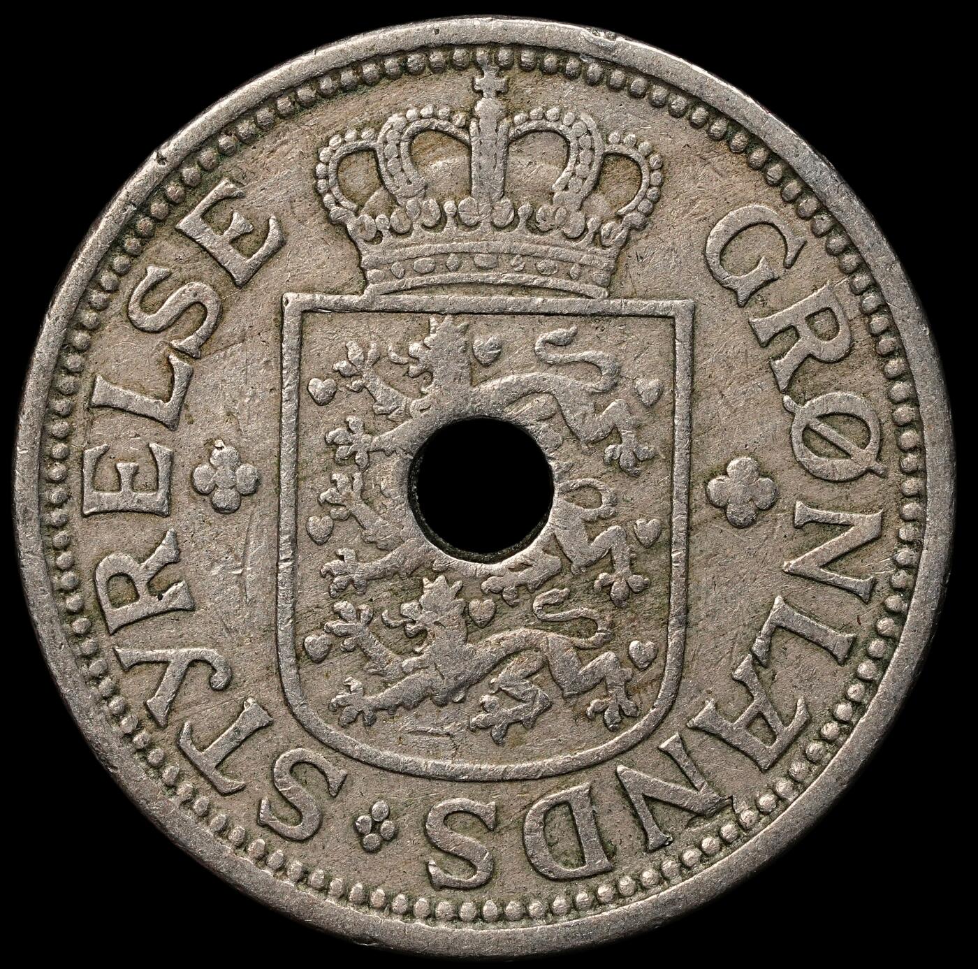 修遠堂世界钱币第104期 1926年格陵兰中孔25欧尔  1940/41年在纽约打孔，以避免与同尺寸1克朗硬币混淆，仅打孔6万枚