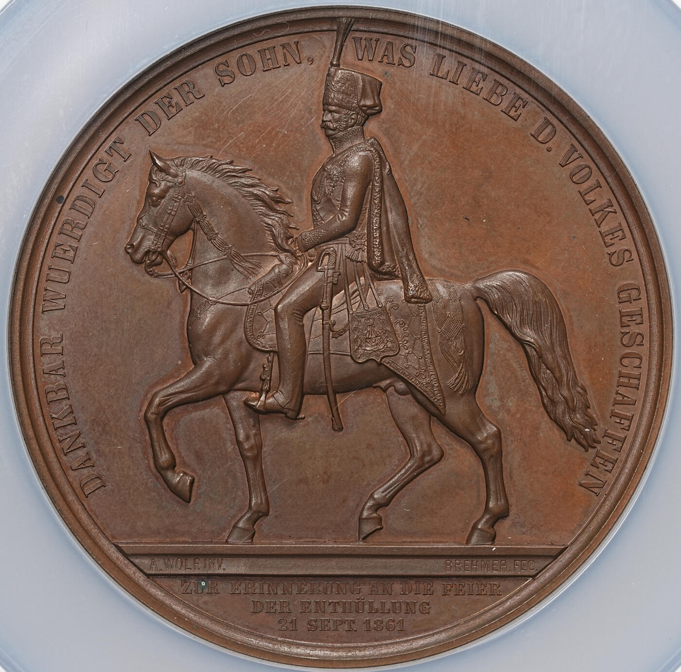 修遠堂世界钱币第104期 NGC MS64BN 1861年汉诺威国王恩斯特・奥古斯特骑马雕像揭幕纪念大铜章，70 mm, 188,3 g，带原盒