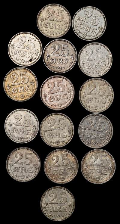 修遠堂世界钱币第104期 - 丹麦25欧尔银币一组，部分未流通，总重36.41g，含银60%