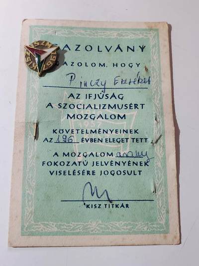 韵星假日军品类拍卖第40期 -- Rimey Holidays Militaria Auction 40 - 匈牙利人民共和国Pinczy Erzsebet社会主义工人党青年团青年运动优秀成员证章带证书一套 该版本章证都少见 好品 铜珐琅