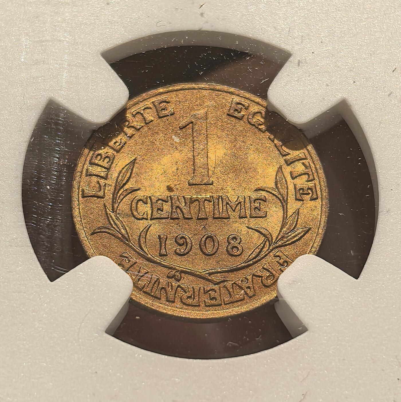 博洋堂“心向春光”2月精品大拍专场暨第160期（全场包邮） NGC MS66RB 法国1908年玛丽安娜头像1生丁铜币，来自拍行的小批量库存，百年来未留下丝毫被岁月侵蚀的痕迹，没有理由的RB，送pc的全给了red，分数也大有低估。