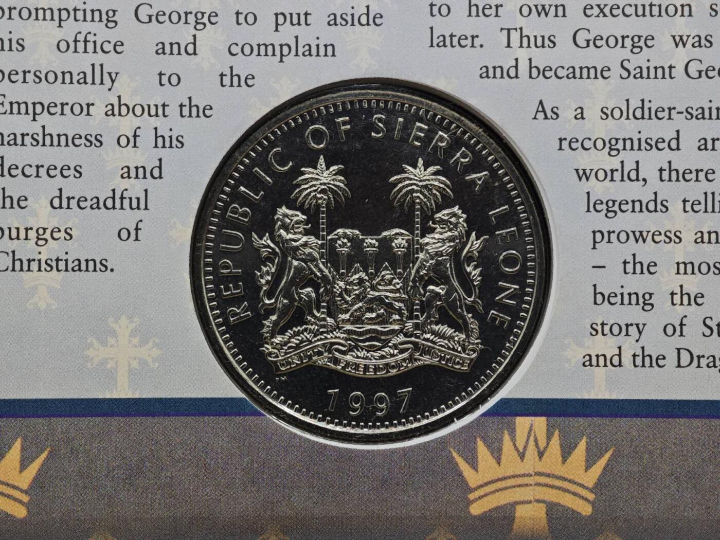  【淘币小摊】限时拍第八百七十拍   克朗币邮币封场    年前最后一场结束全部发出请更换最新收货地址不方便收货的请勿参拍或者顺丰到付 塞拉利昂1997年1元狮子纪念币邮币封