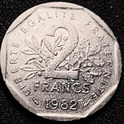 泉币菌-第184场- 精品福利场 今天的第一场 23:30分还有第二场 不见不散（192场和之前的 2月14日发货） - 法国早期（1982年）2法郎镍币 26mm 播种女神 入欧前 末版 绝版币