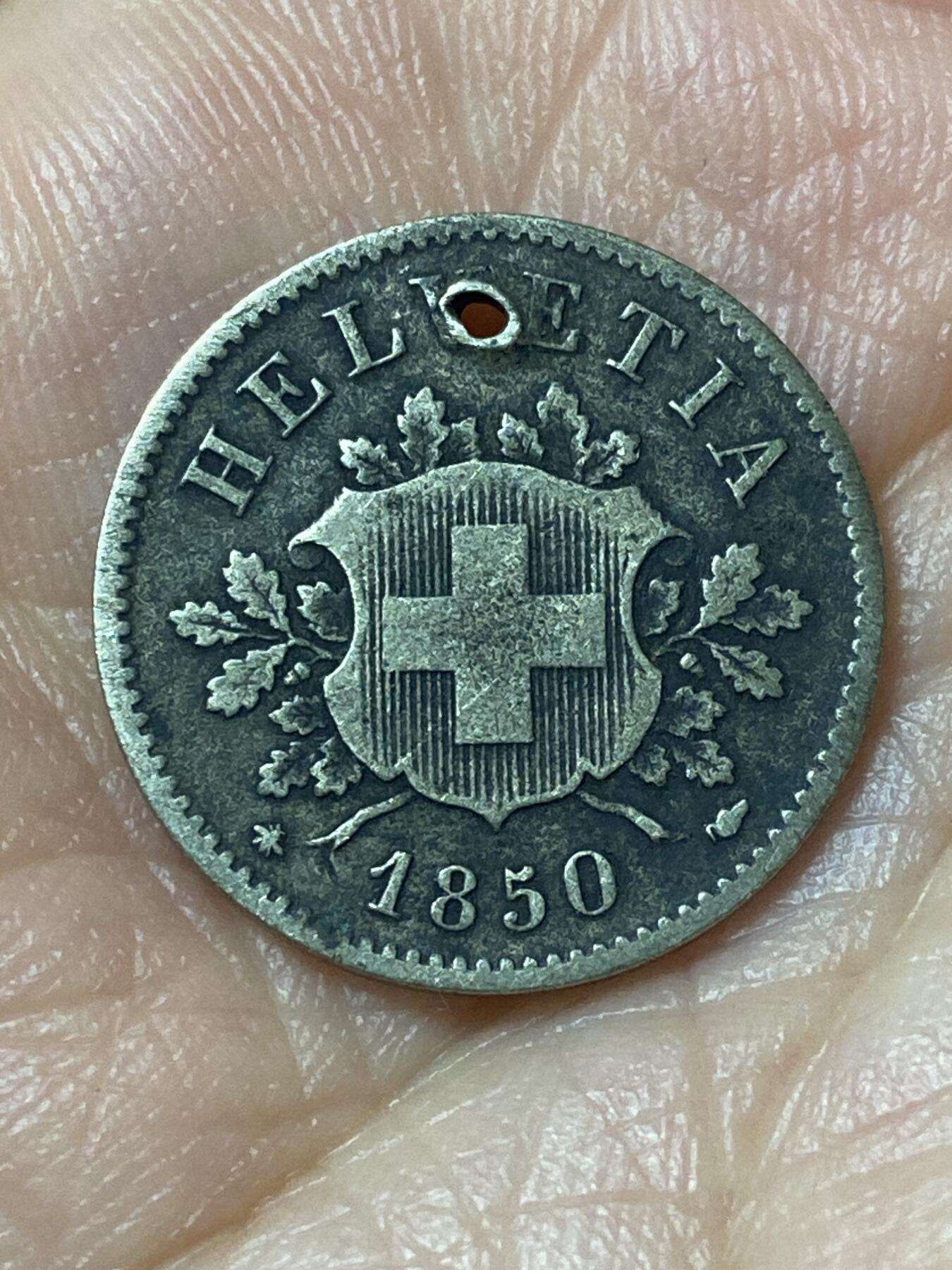 2026年第二十一场(总第一百九十场）外国好品散币场(免佣金) 打孔–瑞士🇨🇭1850年10拉彭银币(第一版，BB标斯特拉斯堡造，Billon银合金)