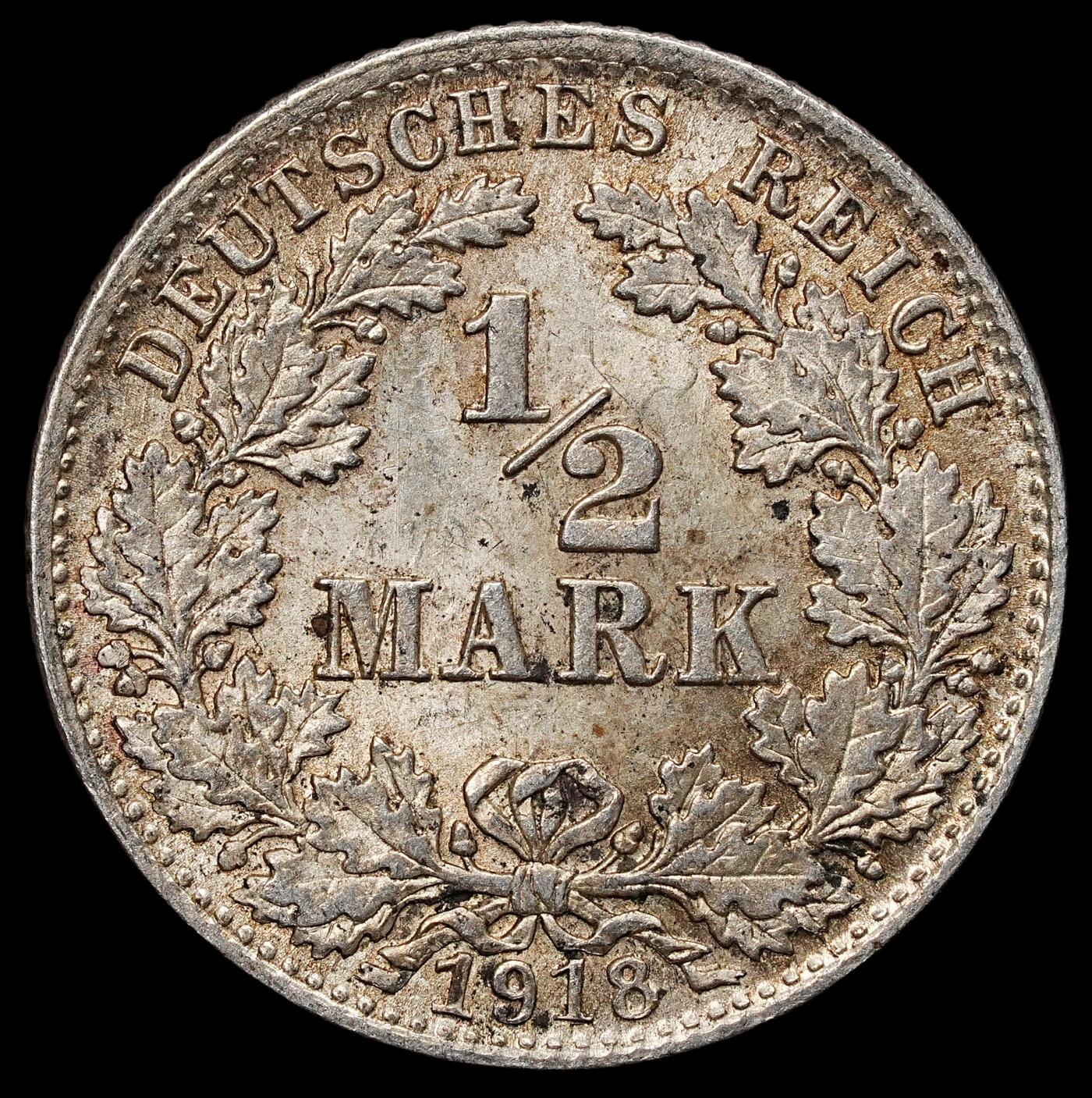 修遠堂世界钱币第104期 1918年德国1/2马克银币，D厂铭，2.77g，含银90%，未流通