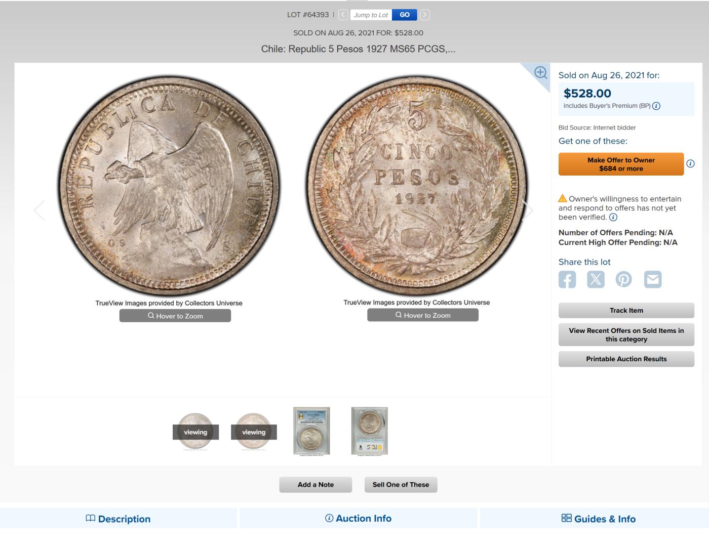 万国钱币拍卖第060期（万国六十期纪念大拍） PCGS MS65 1927智利秃鹫5比索大银 原味均匀纸袋包浆 从未动过的原始状态 极其难得的BU品质南美大银 PCGS冠军分 21年HA同分成交价528美金