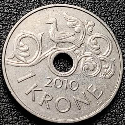 泉币菌-第185场- 精品福利场 23:30分 今天第二场  不见不散（192场和之前的 2月14日发货） - 挪威1克朗 中孔镍币 皇冠十字架图案 21mm