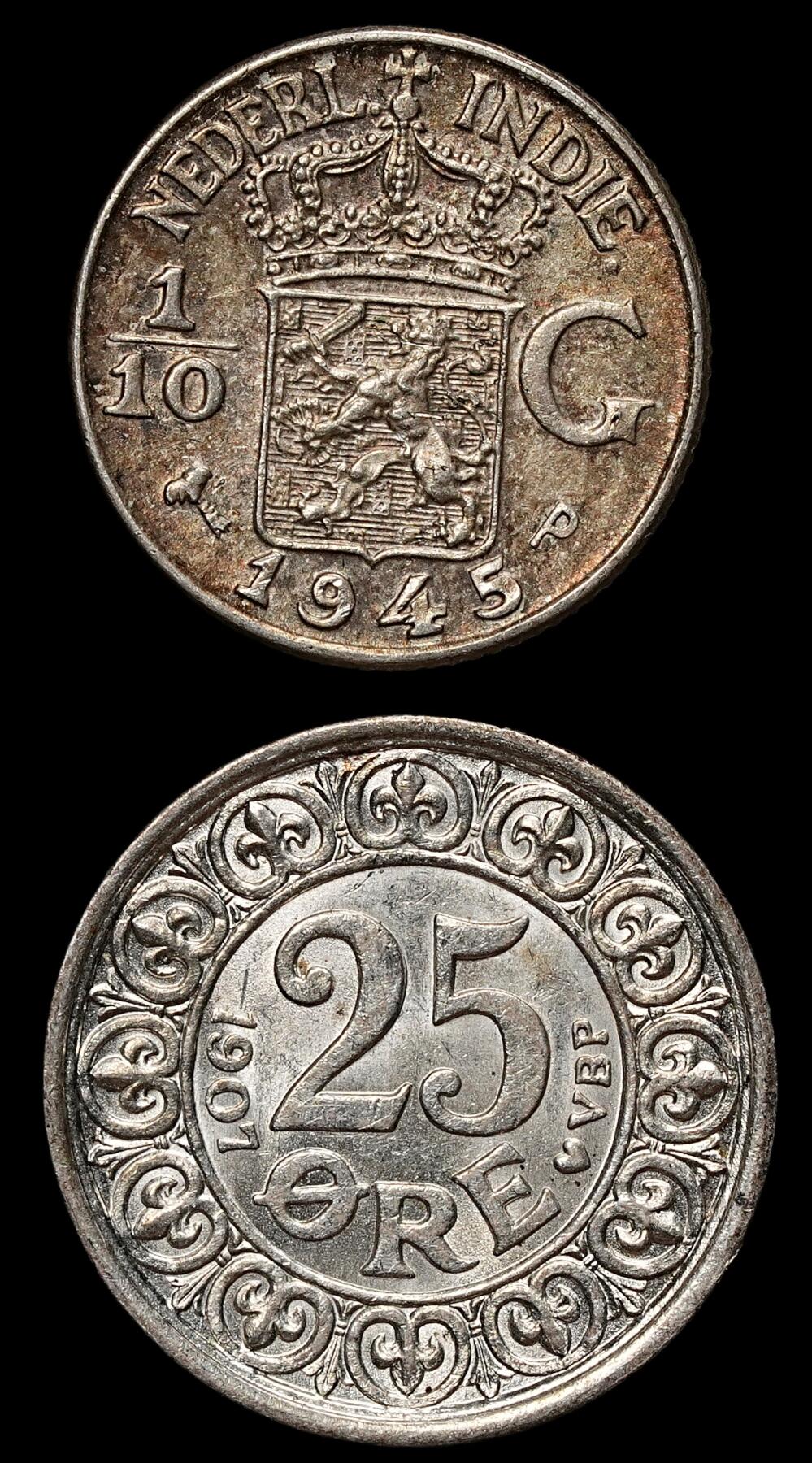 修遠堂世界钱币第104期 丹麦，荷属东印度银币各一枚，未流通，总重3.75g