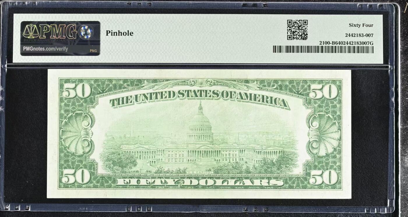 《外钞收藏家》第六百零九期（农历年前收官场、本期年后快递恢复正常再发货）（本平台长期征集拍品、欢迎藏友们联系合作） 美国1928年数字版50美元，小票幅首发版，PMG64。该数字版的B2纽约区的各面额钞票存世量极少，是众多收藏者难遇的区间，并且价格一直高于其他同面额区间的钞票，海内外稀少珍品，错过难遇！