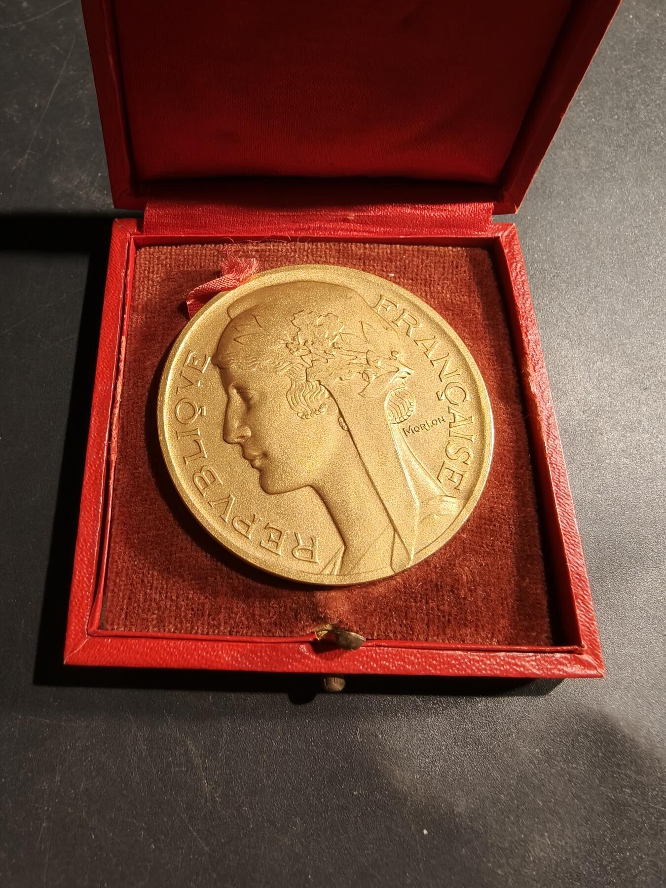 老王徽章第181期 法国体育教育委员会镀金大铜章     原盒     大师莫隆版     直径50mm    重量63.9g
