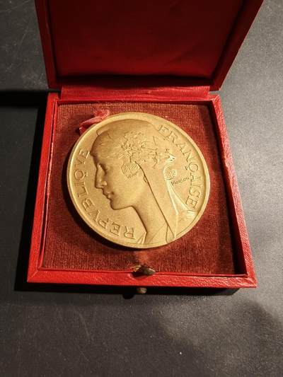 老王徽章第181期 - 法国体育教育委员会镀金大铜章     原盒     大师莫隆版     直径50mm    重量63.9g