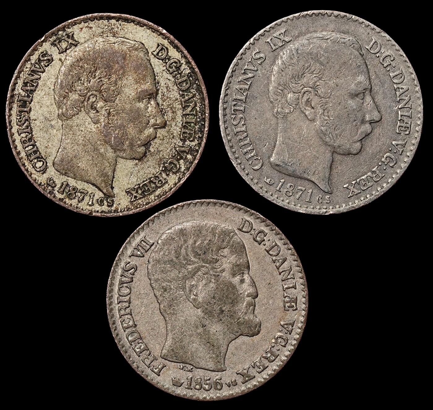 修遠堂世界钱币第104期 1856-1871年丹麦4 SKILLING RIGSMONT银币3枚，总重5.57g，含银25%