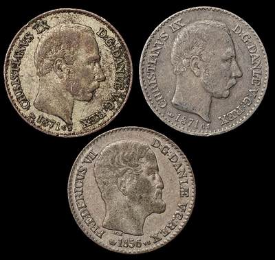 修遠堂世界钱币第104期 - 1856-1871年丹麦4 SKILLING RIGSMONT银币3枚，总重5.57g，含银25%