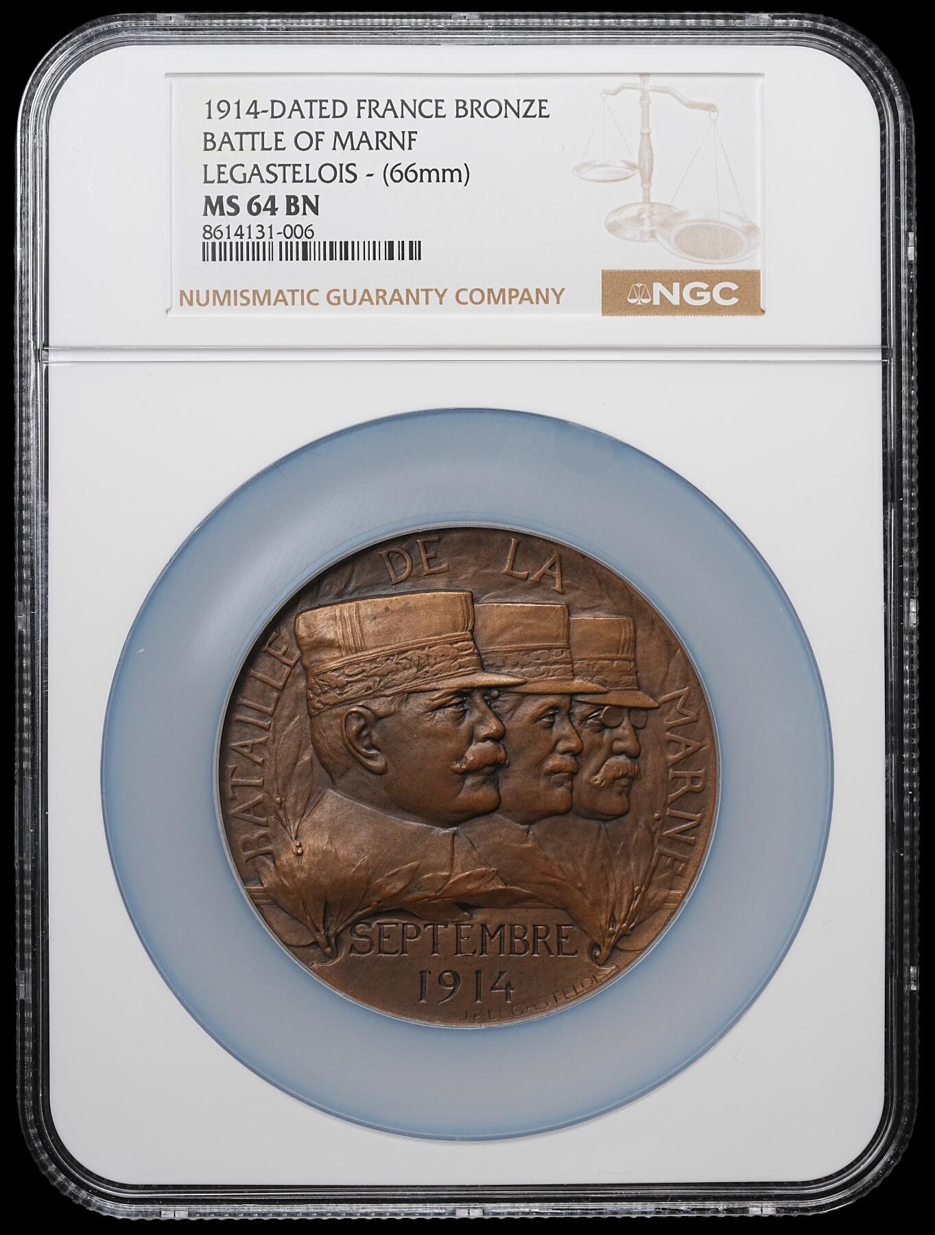 修遠堂世界钱币第104期 NGC MS64BN 1914年法国-马恩河战役纪念大铜章，66 mm，146.04g，著名雕塑家J. P. Legastelois（让 - 皮埃尔・勒・卡斯泰卢瓦）雕刻制版