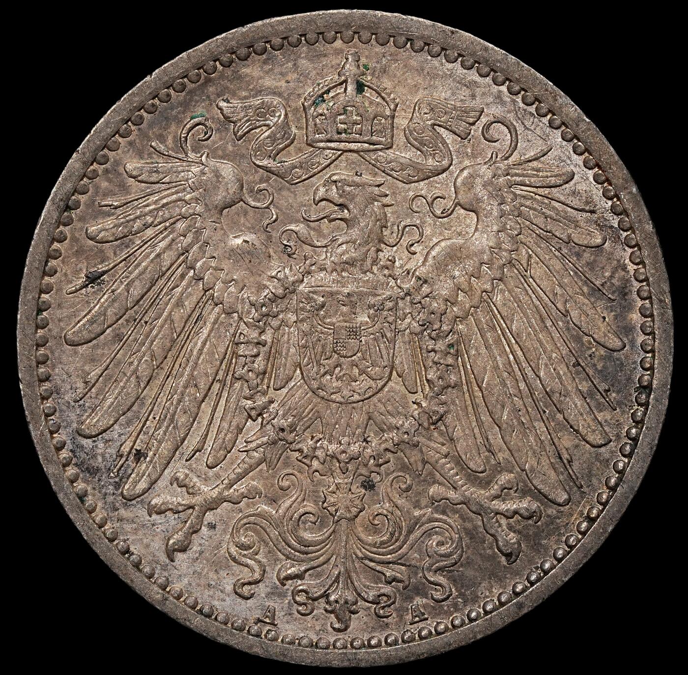 修遠堂世界钱币第104期 1901年德国1马克银币 A厂铭，未流通，5.55g，含银90%