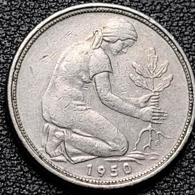 泉币菌-第184场- 精品福利场 今天的第一场 23:30分还有第二场 不见不散（192场和之前的 2月14日发货） - 高币值 1950年 德国 50芬尼镍铜硬币 植树少女 19.9毫米 