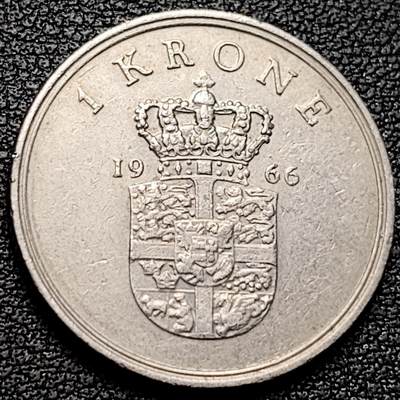 泉币菌-第185场- 精品福利场 23:30分 今天第二场  不见不散（192场和之前的 2月14日发货） - 丹麦1966年1克朗 皇冠 弗雷德里克九世国王 25.5mm