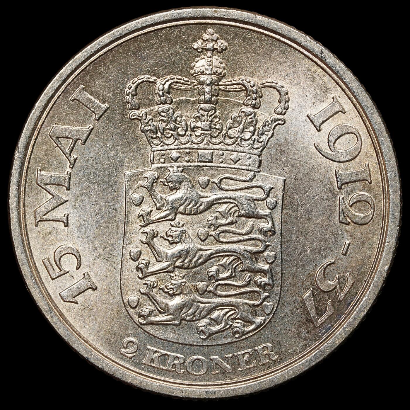 修遠堂世界钱币第104期 1937年丹麦国王登基25周年纪念2克朗银币 15g，含银80%