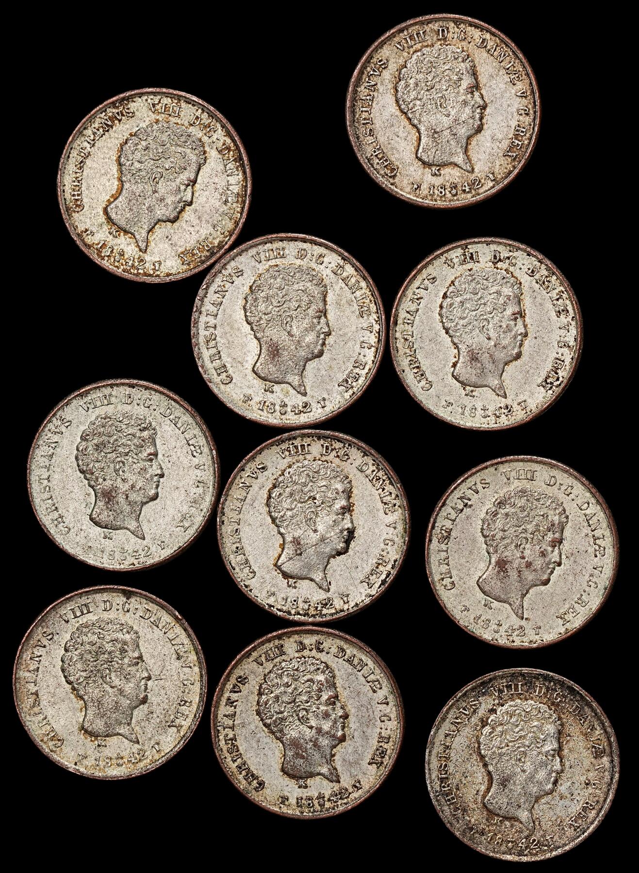 修遠堂世界钱币第104期 1842年丹麦1/5 rigsbankskilling铜币一组，完全未流通，老镀银