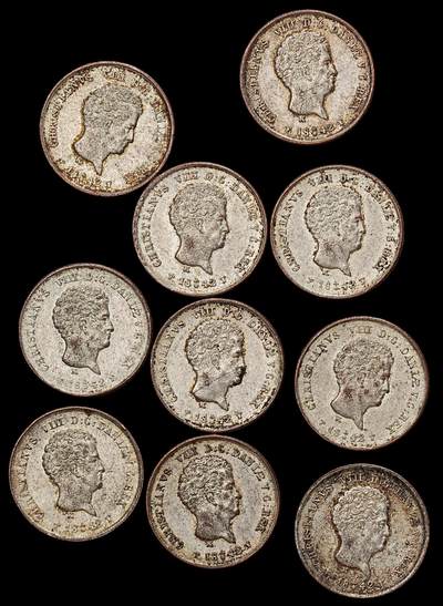 修遠堂世界钱币第104期 - 1842年丹麦1/5 rigsbankskilling铜币一组，完全未流通，老镀银