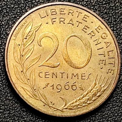 泉币菌-第182场- 精品福利场 - 法国1966年20生丁铜币 玛丽安娜 入欧前末版 绝版