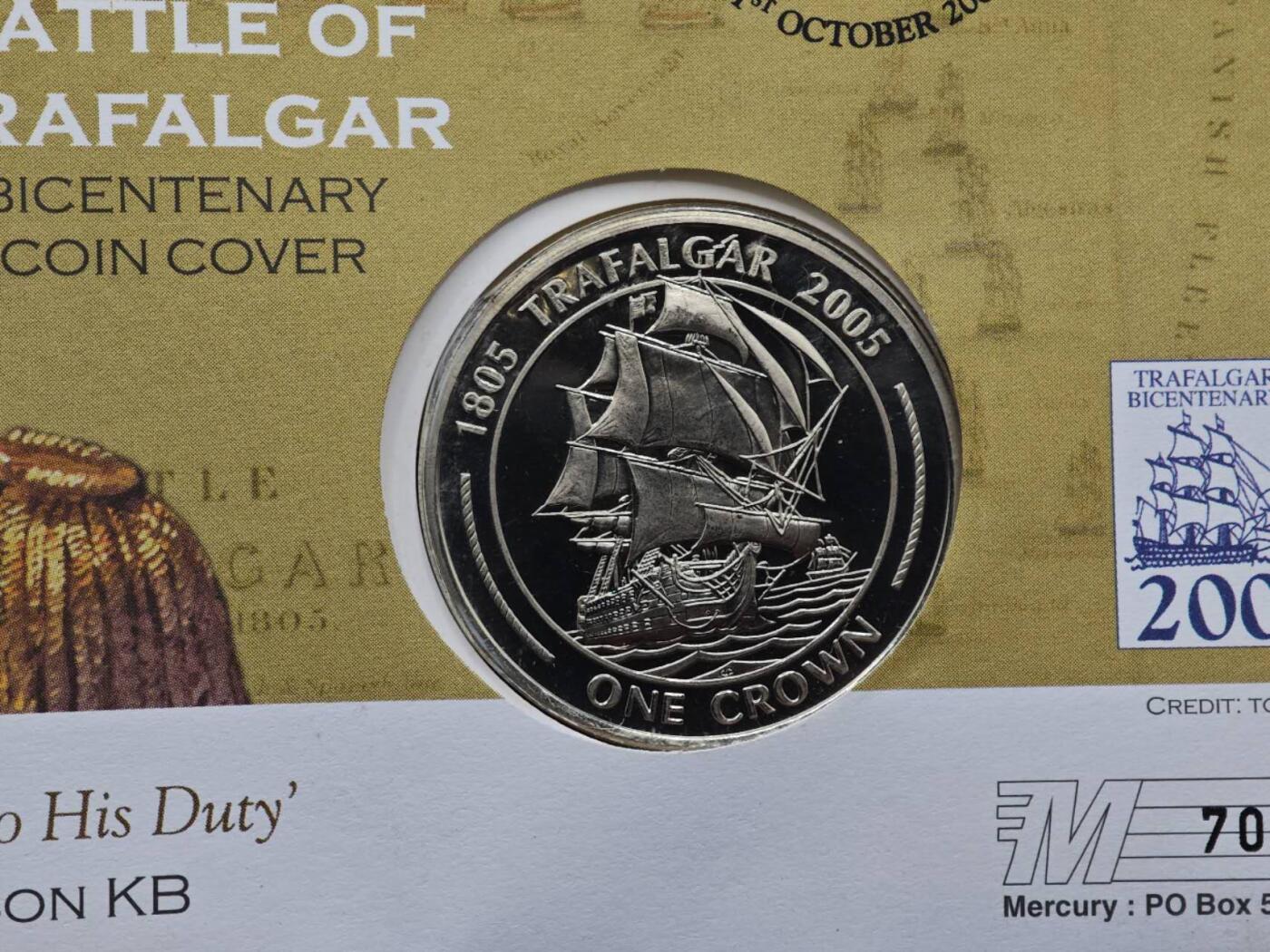  【淘币小摊】限时拍第八百七十拍   克朗币邮币封场    年前最后一场结束全部发出请更换最新收货地址不方便收货的请勿参拍或者顺丰到付 直布罗陀2005年特拉法加海战200周年克朗纪念币邮币封