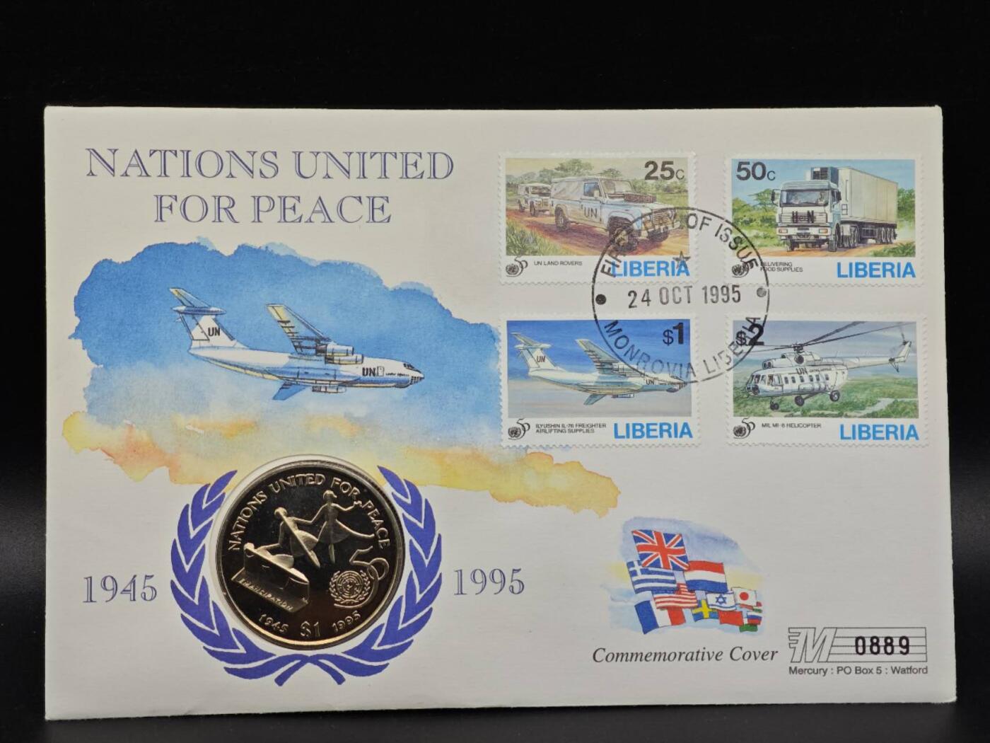  【淘币小摊】限时拍第八百七十拍   克朗币邮币封场    年前最后一场结束全部发出请更换最新收货地址不方便收货的请勿参拍或者顺丰到付 利比里亚1995年联合国50周年1元纪念币邮币封