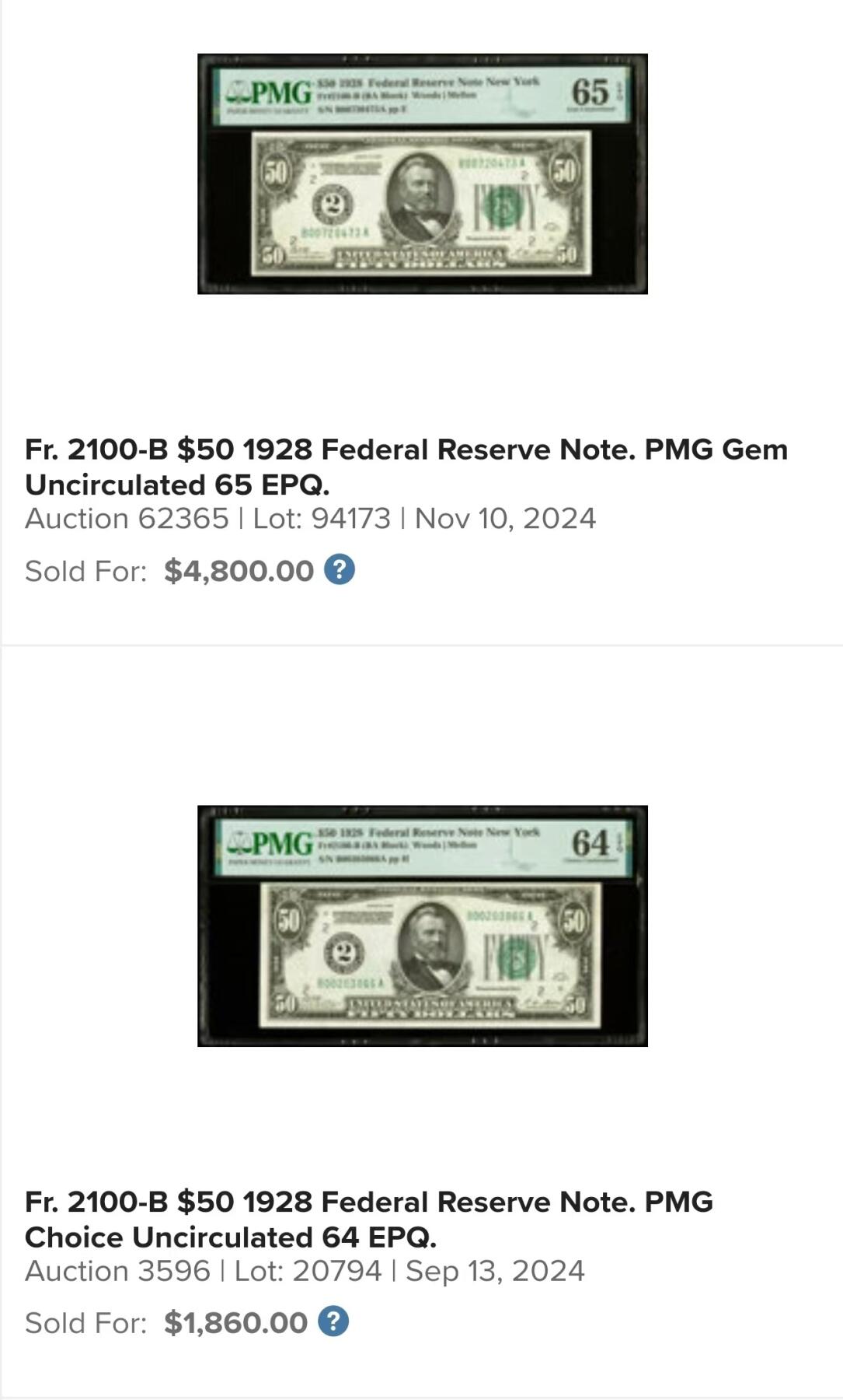 《外钞收藏家》第六百零九期（农历年前收官场、本期年后快递恢复正常再发货）（本平台长期征集拍品、欢迎藏友们联系合作） 美国1928年数字版50美元，小票幅首发版，PMG64。该数字版的B2纽约区的各面额钞票存世量极少，是众多收藏者难遇的区间，并且价格一直高于其他同面额区间的钞票，海内外稀少珍品，错过难遇！