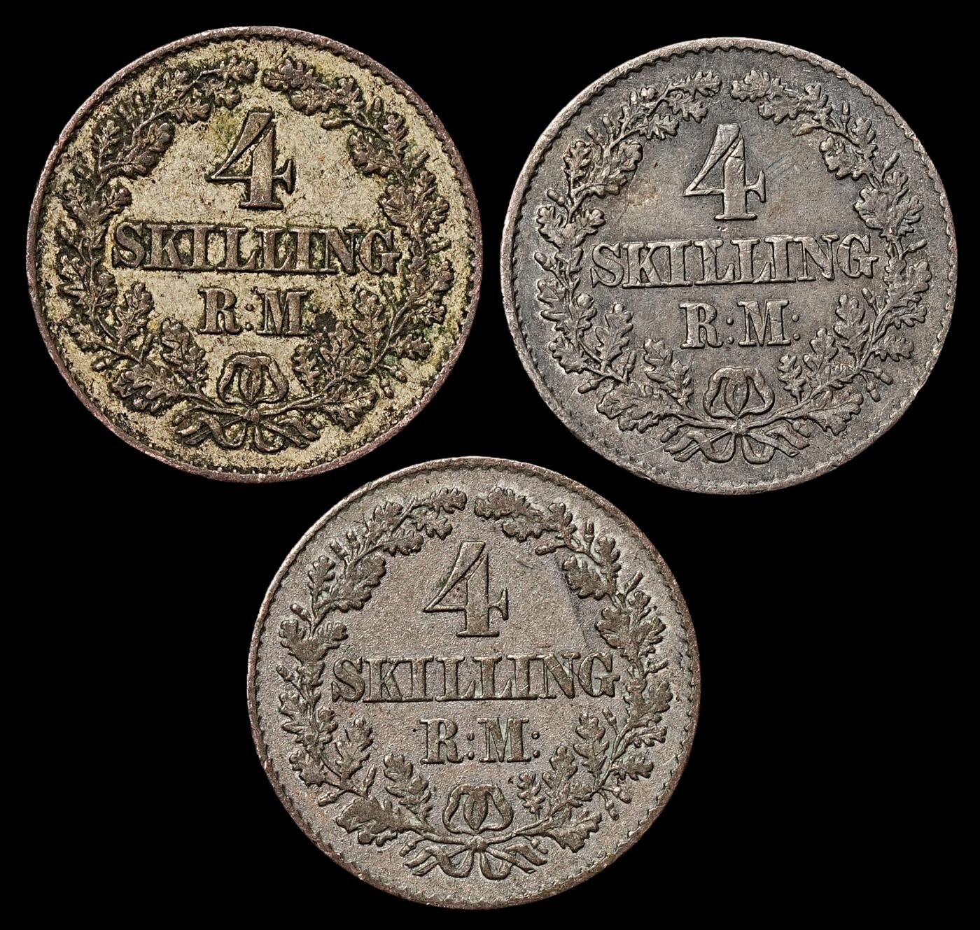 修遠堂世界钱币第104期 1856-1871年丹麦4 SKILLING RIGSMONT银币3枚，总重5.57g，含银25%