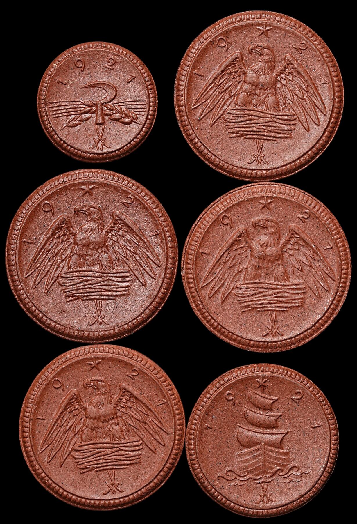 修遠堂世界钱币第104期 1921年德国紧急时期萨克森陶瓷币一组， 完全未流通