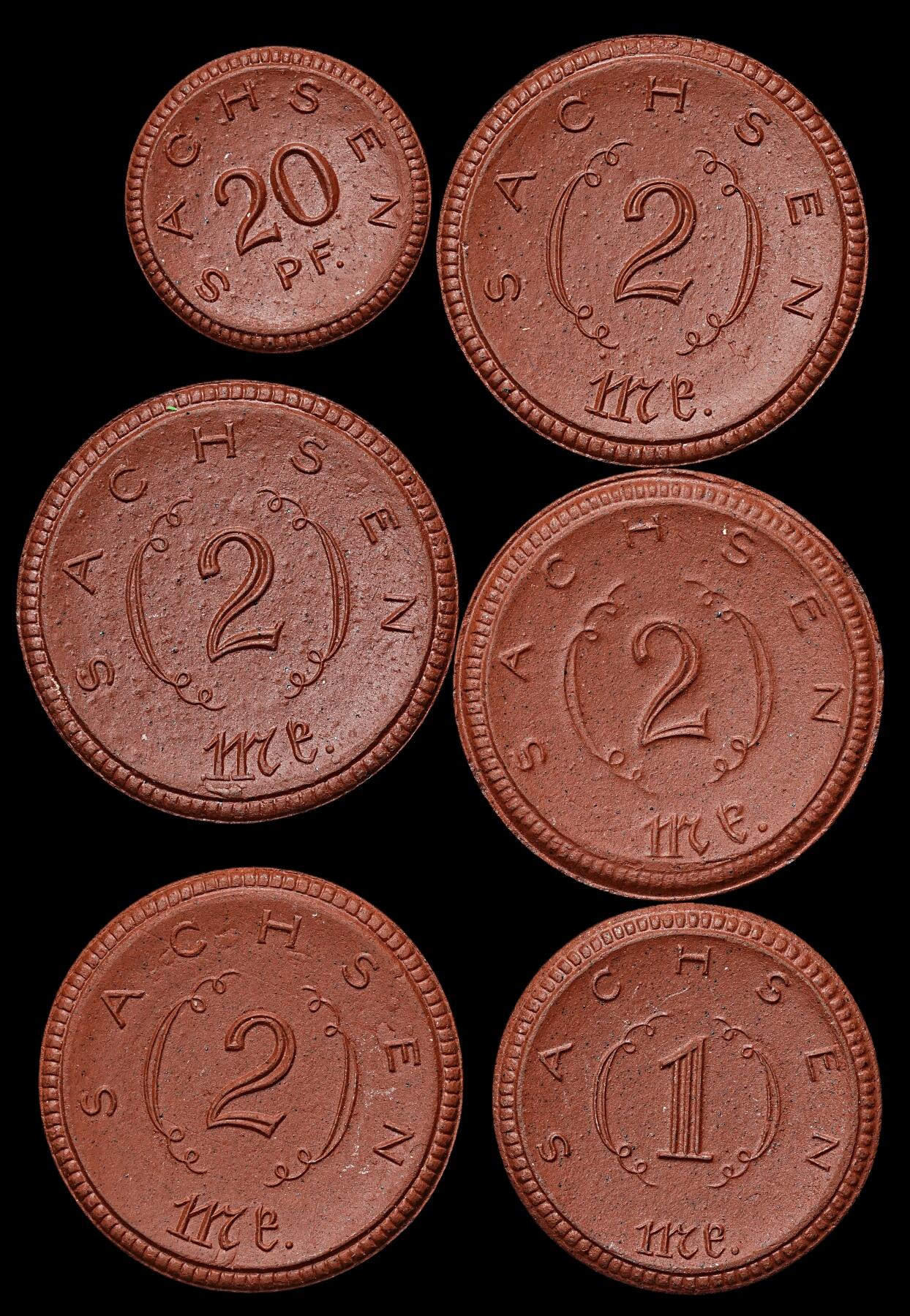 修遠堂世界钱币第104期 1921年德国紧急时期萨克森陶瓷币一组， 完全未流通