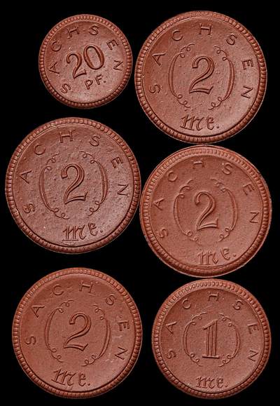 修遠堂世界钱币第104期 - 1921年德国紧急时期萨克森陶瓷币一组， 完全未流通