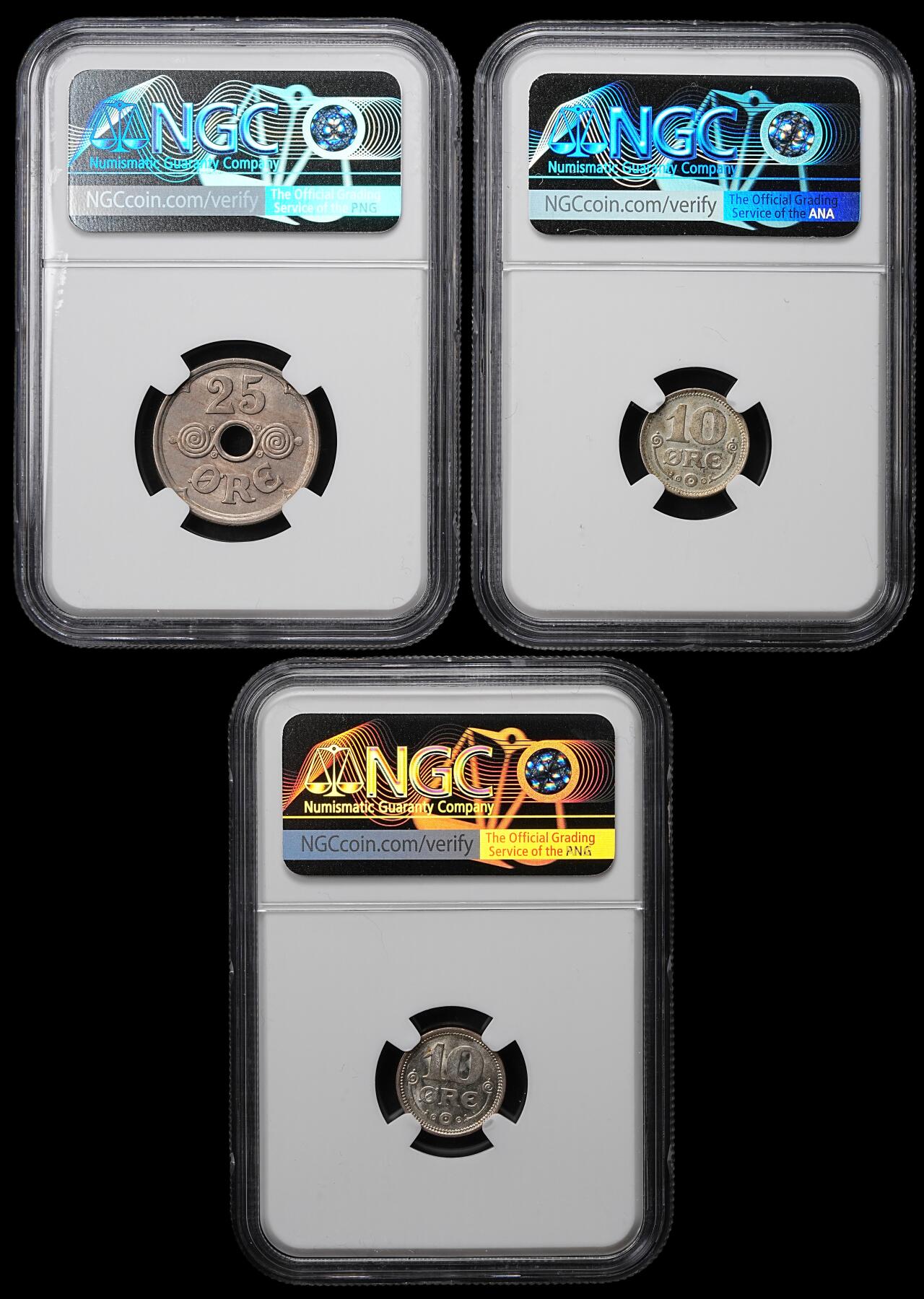 修遠堂世界钱币第104期 NGC评级 丹麦钱币3枚，2银1镍