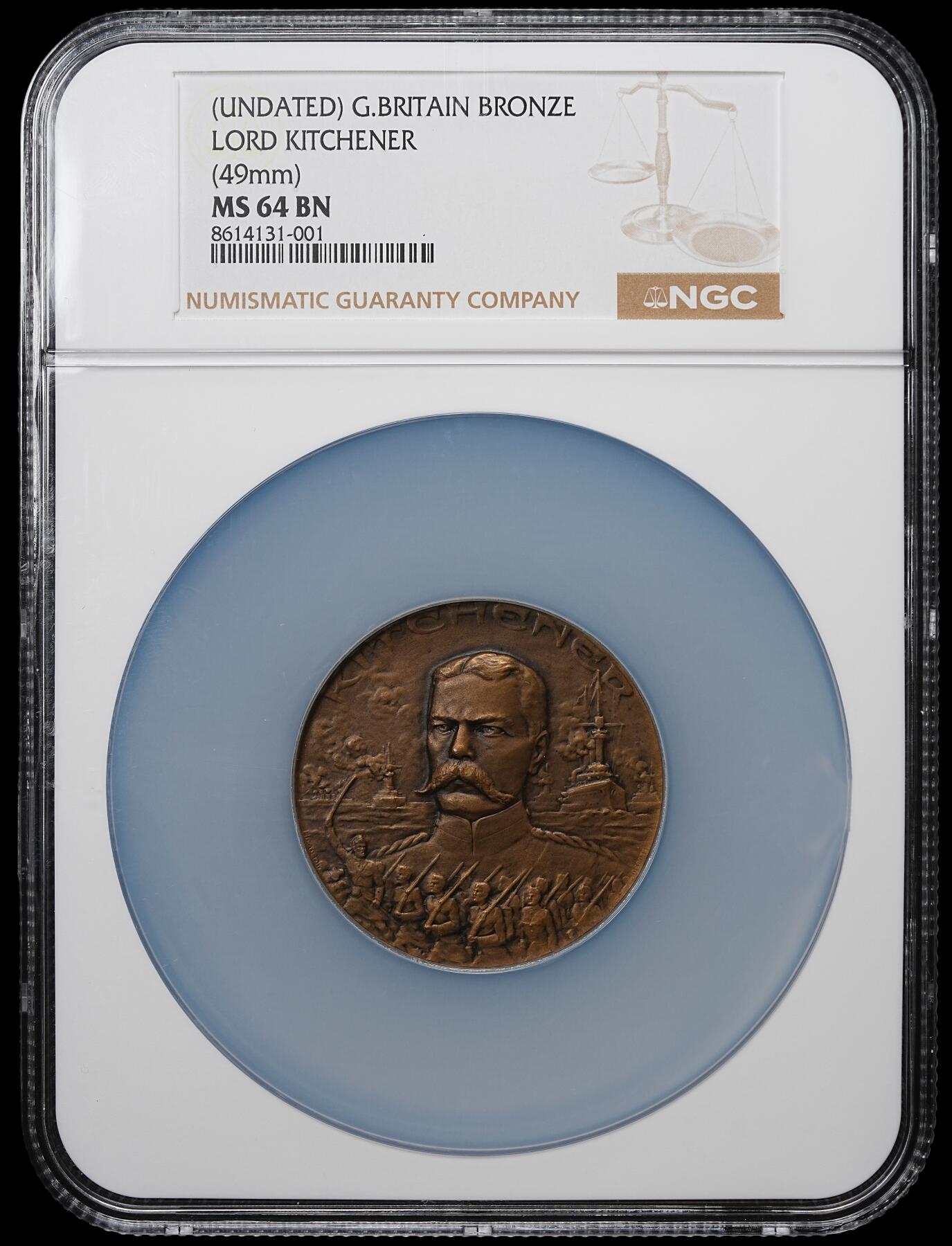 修遠堂世界钱币第104期 NGC MS64BN  法国一战时期纪念赫伯特・基钦纳伯爵大铜章，瑞士著名的纪念章与奖章制作师H. Huguenin（亨利・于格南）雕刻制版