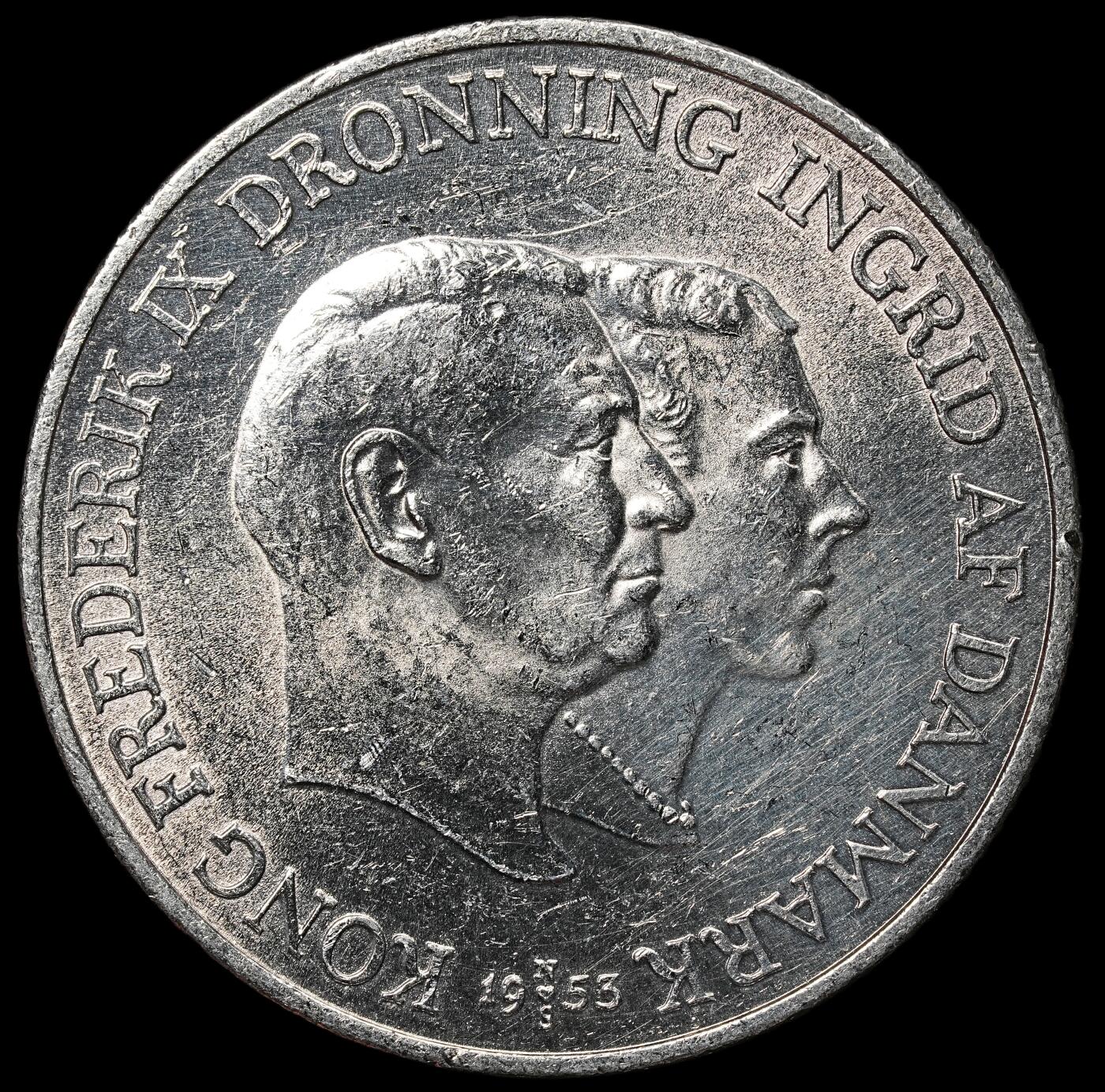 修遠堂世界钱币第104期 1953年丹麦格林兰结核防治纪念2克朗银币 15g，含银80%